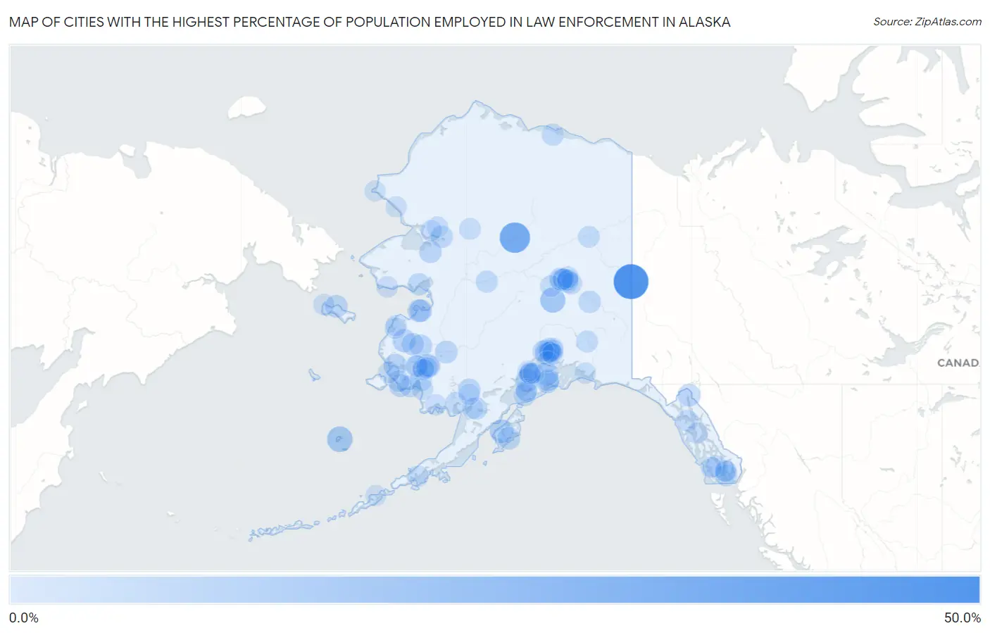 Cities with the Highest Percentage of Population Employed in Law Enforcement in Alaska Map