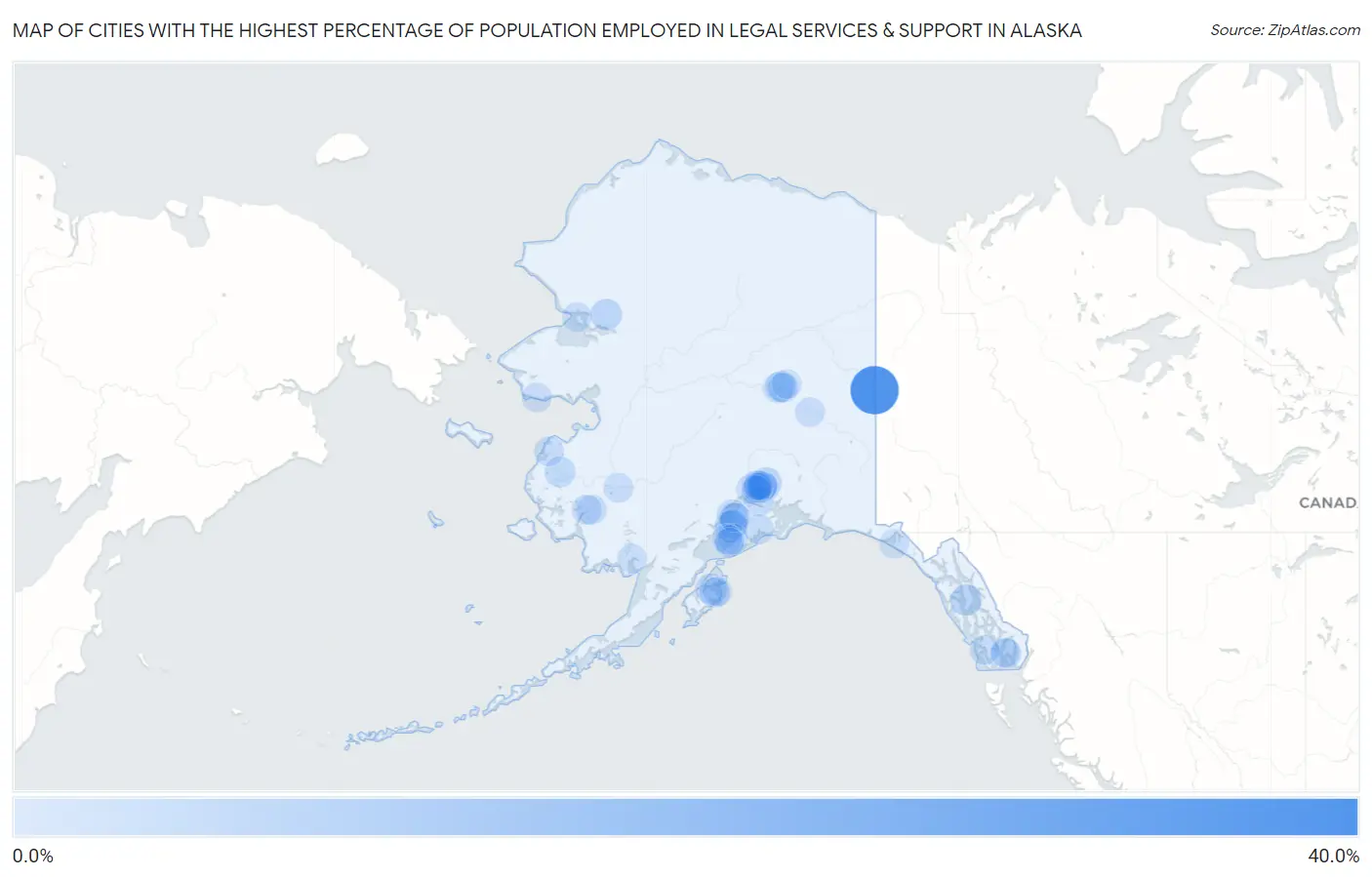 Cities with the Highest Percentage of Population Employed in Legal Services & Support in Alaska Map