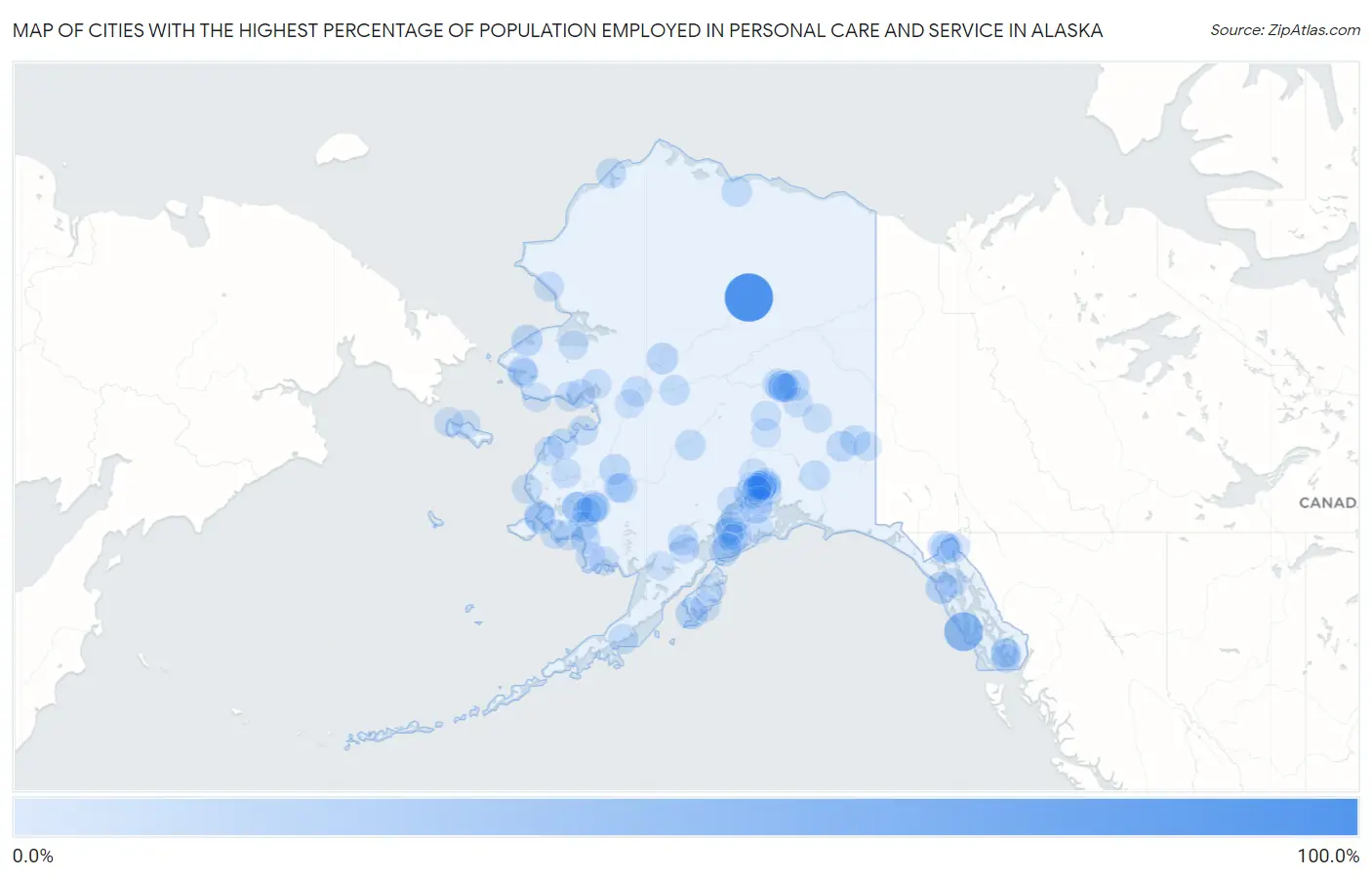 Cities with the Highest Percentage of Population Employed in Personal Care and Service in Alaska Map