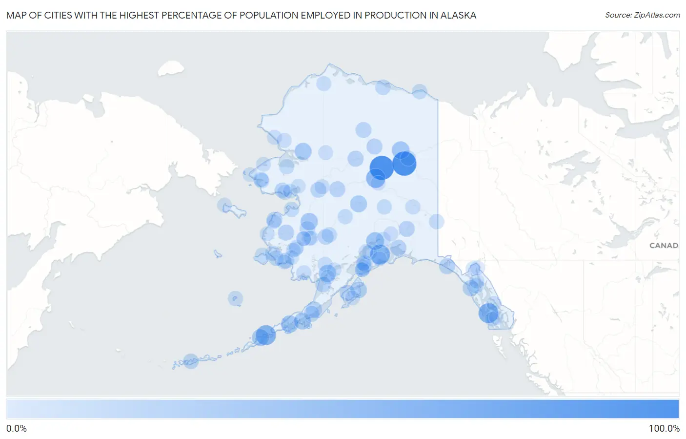Cities with the Highest Percentage of Population Employed in Production in Alaska Map