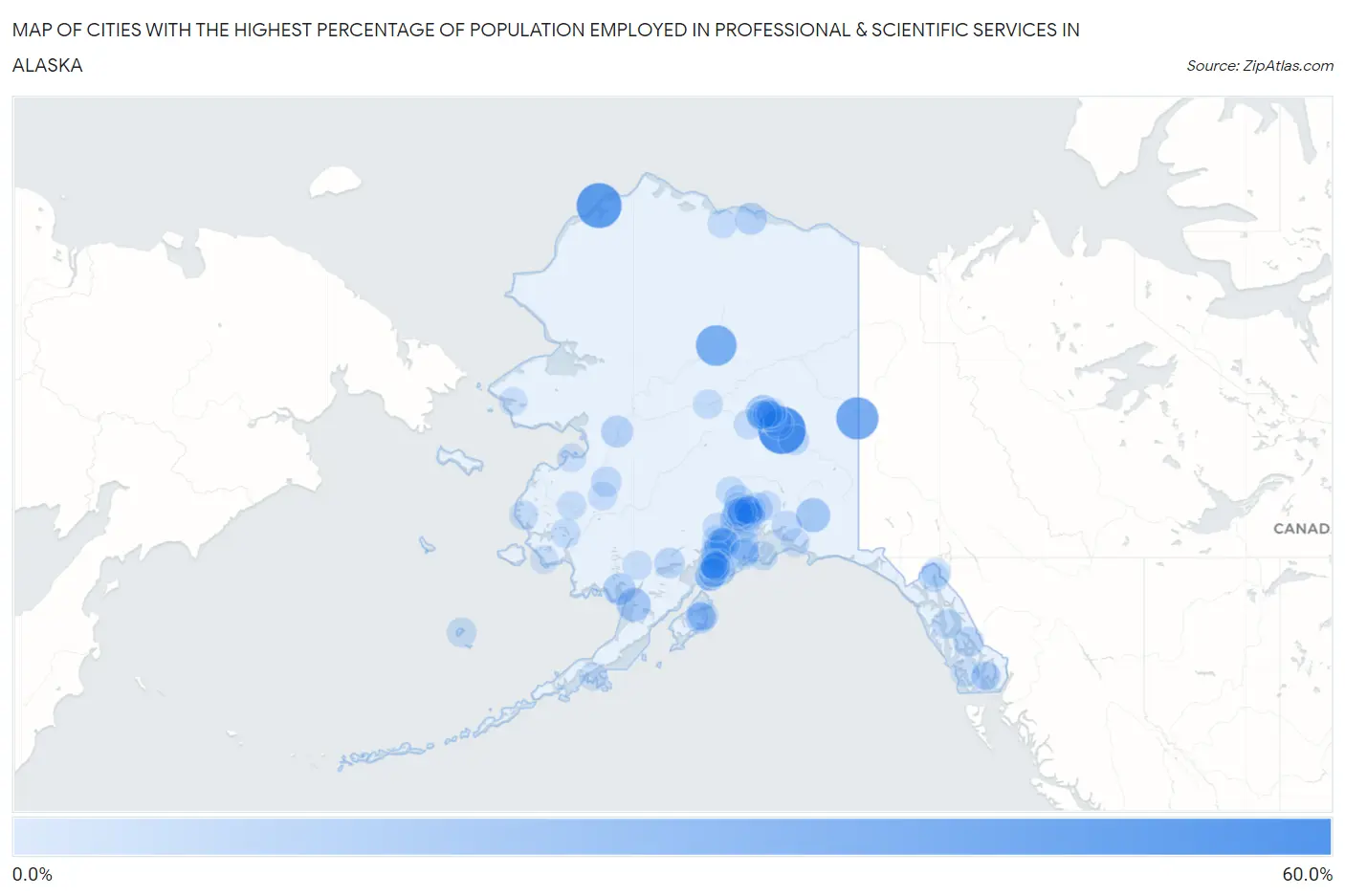 Cities with the Highest Percentage of Population Employed in Professional & Scientific Services in Alaska Map