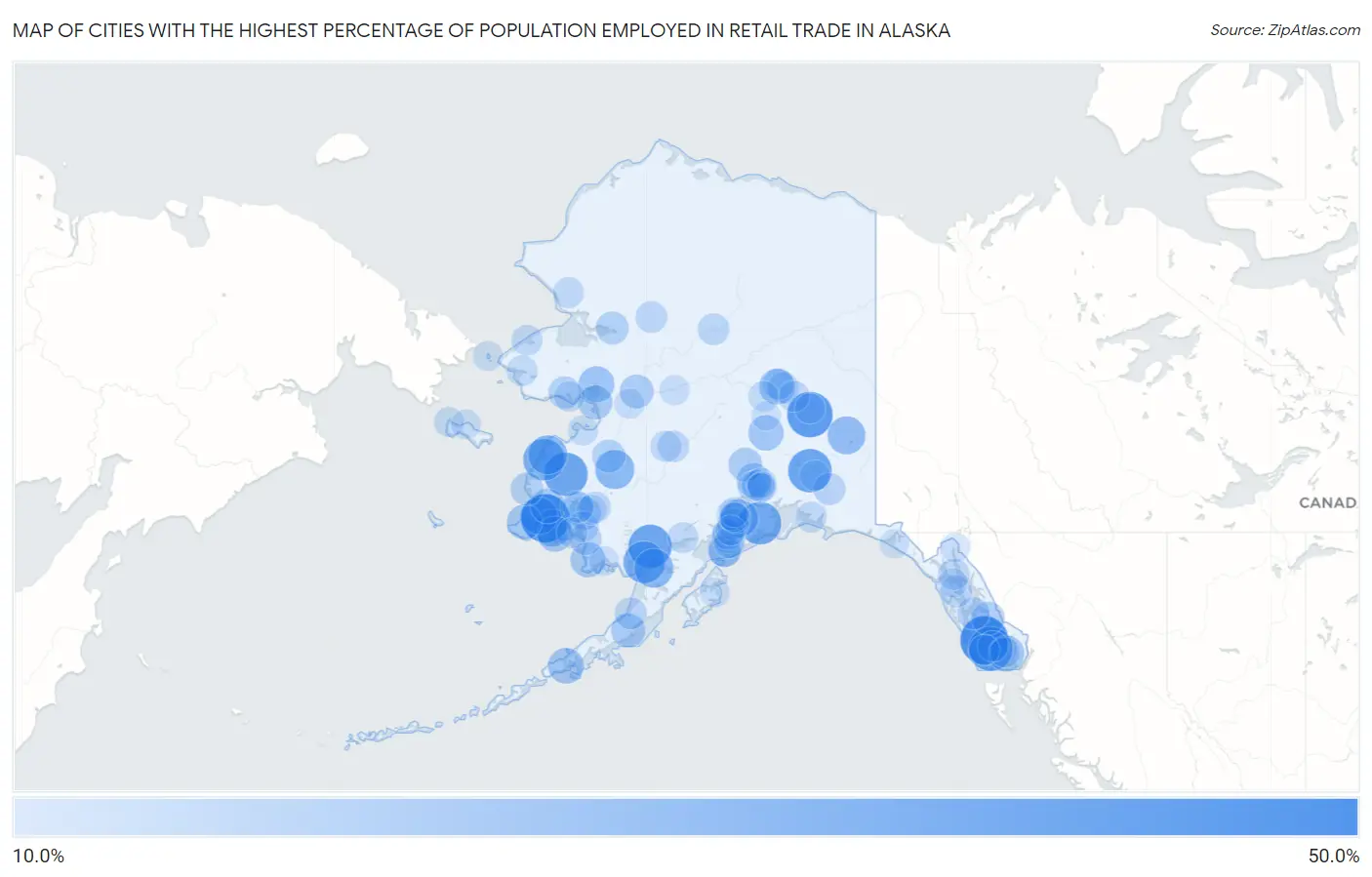 Cities with the Highest Percentage of Population Employed in Retail Trade in Alaska Map