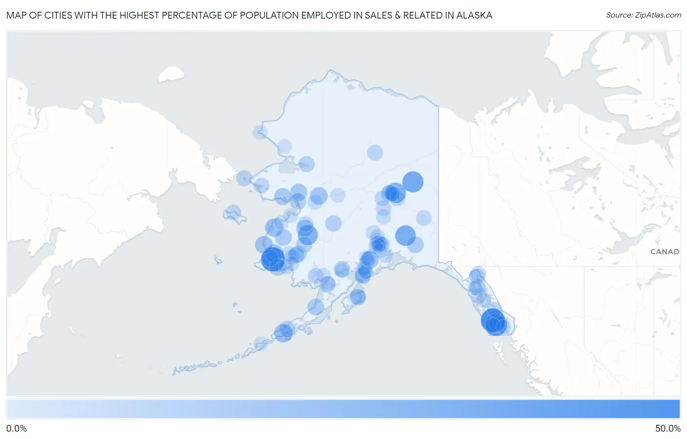 Cities with the Highest Percentage of Population Employed in Sales & Related in Alaska Map