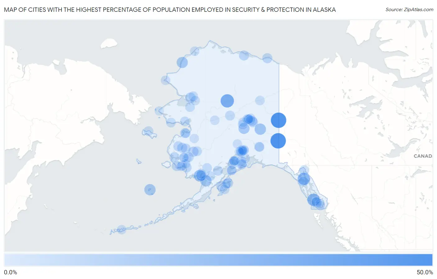Cities with the Highest Percentage of Population Employed in Security & Protection in Alaska Map