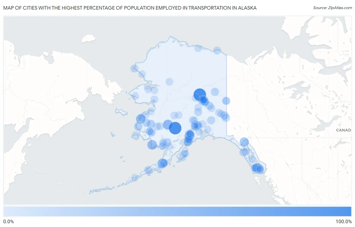 Cities with the Highest Percentage of Population Employed in Transportation in Alaska Map