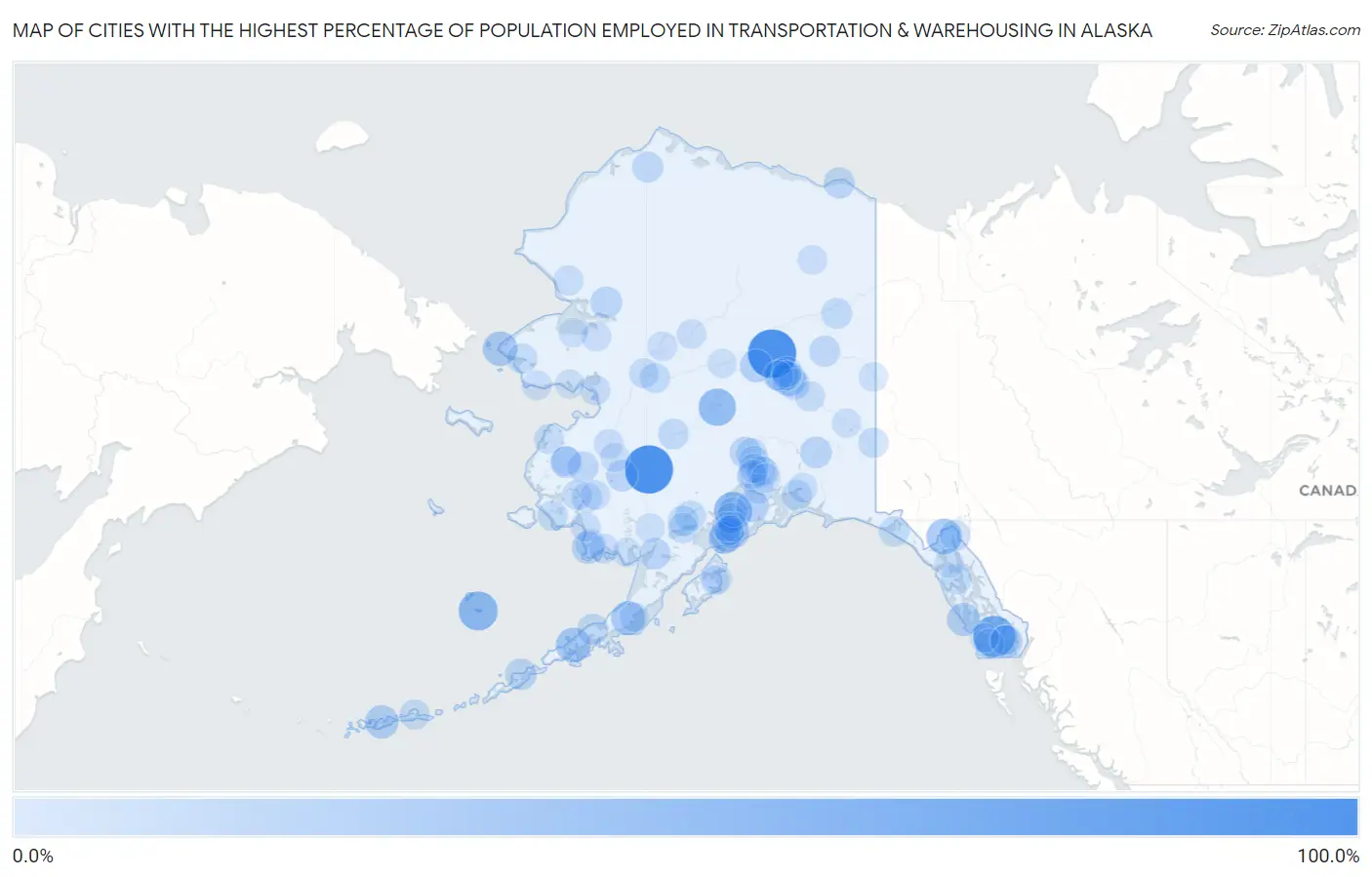 Cities with the Highest Percentage of Population Employed in Transportation & Warehousing in Alaska Map