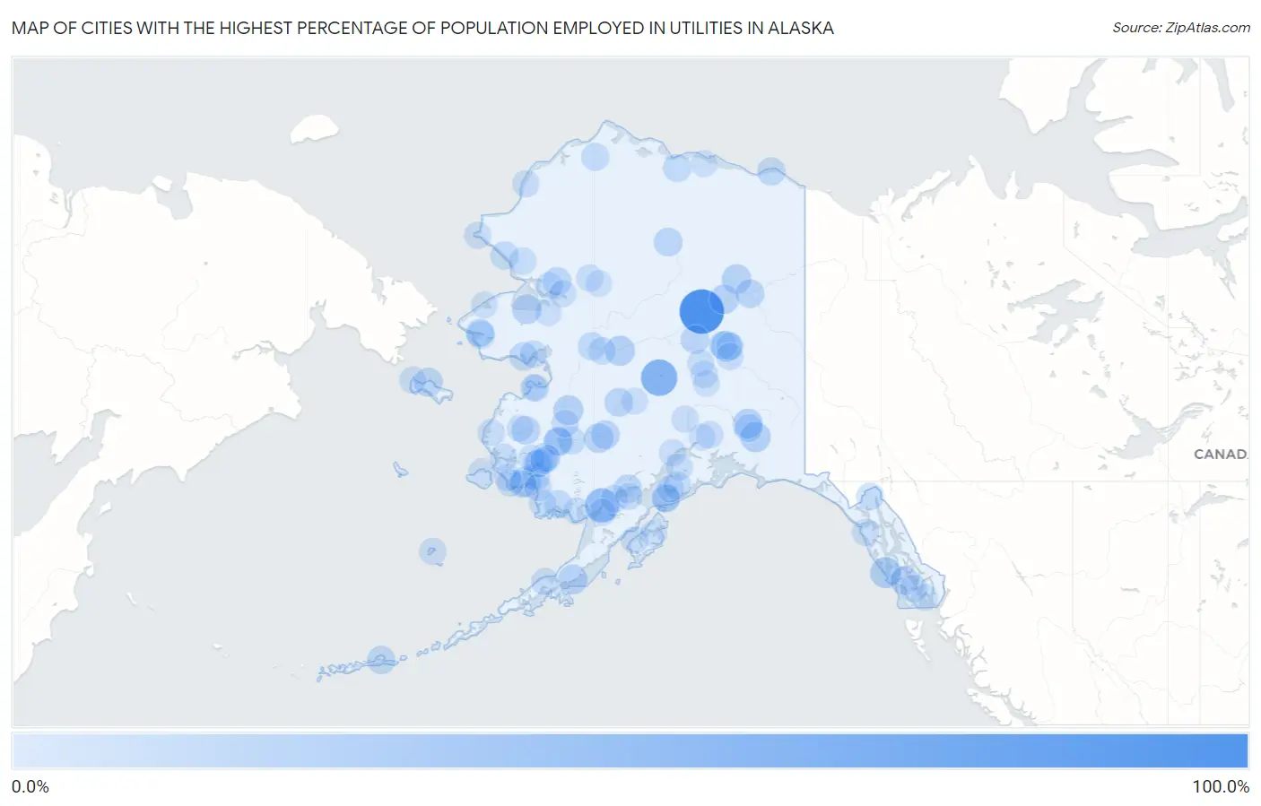 Cities with the Highest Percentage of Population Employed in Utilities in Alaska Map