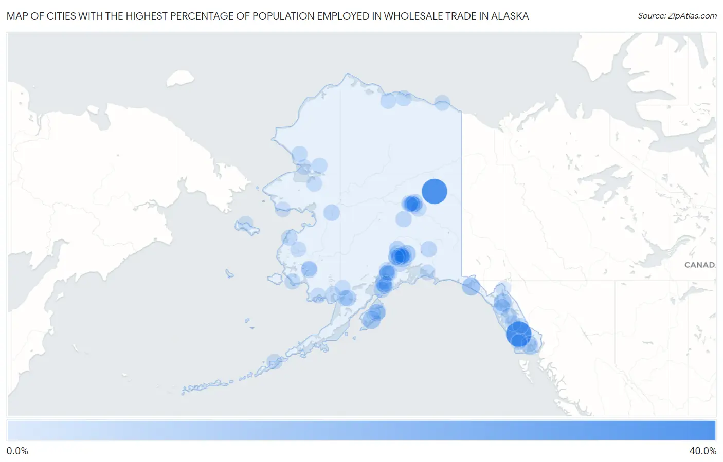Cities with the Highest Percentage of Population Employed in Wholesale Trade in Alaska Map