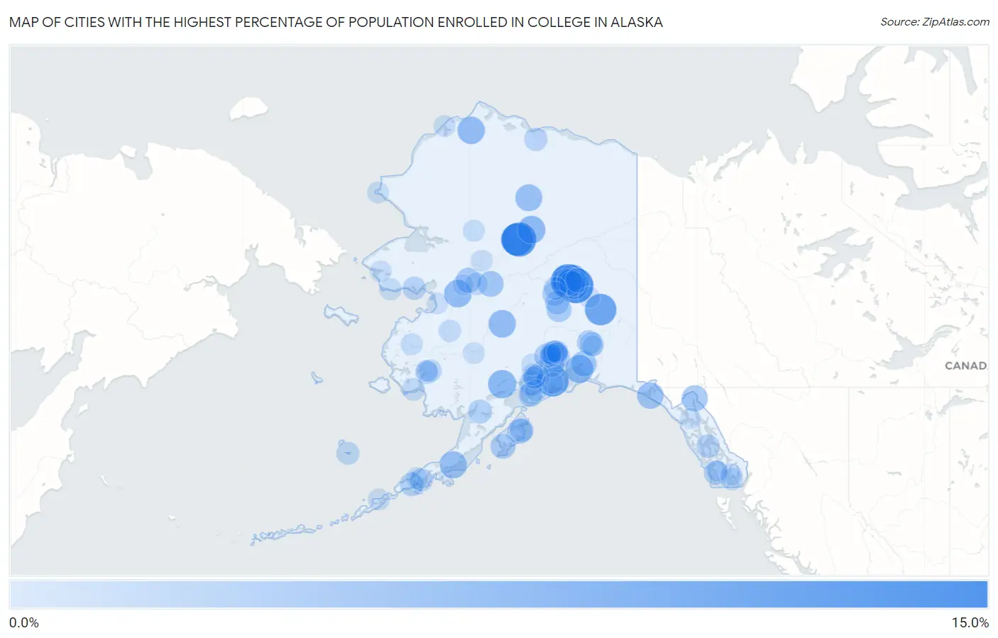 Cities with the Highest Percentage of Population Enrolled in College in Alaska Map