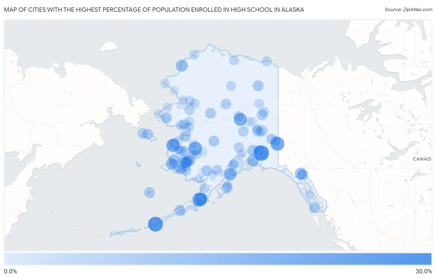 Cities with the Highest Percentage of Population Enrolled in High School in Alaska Map