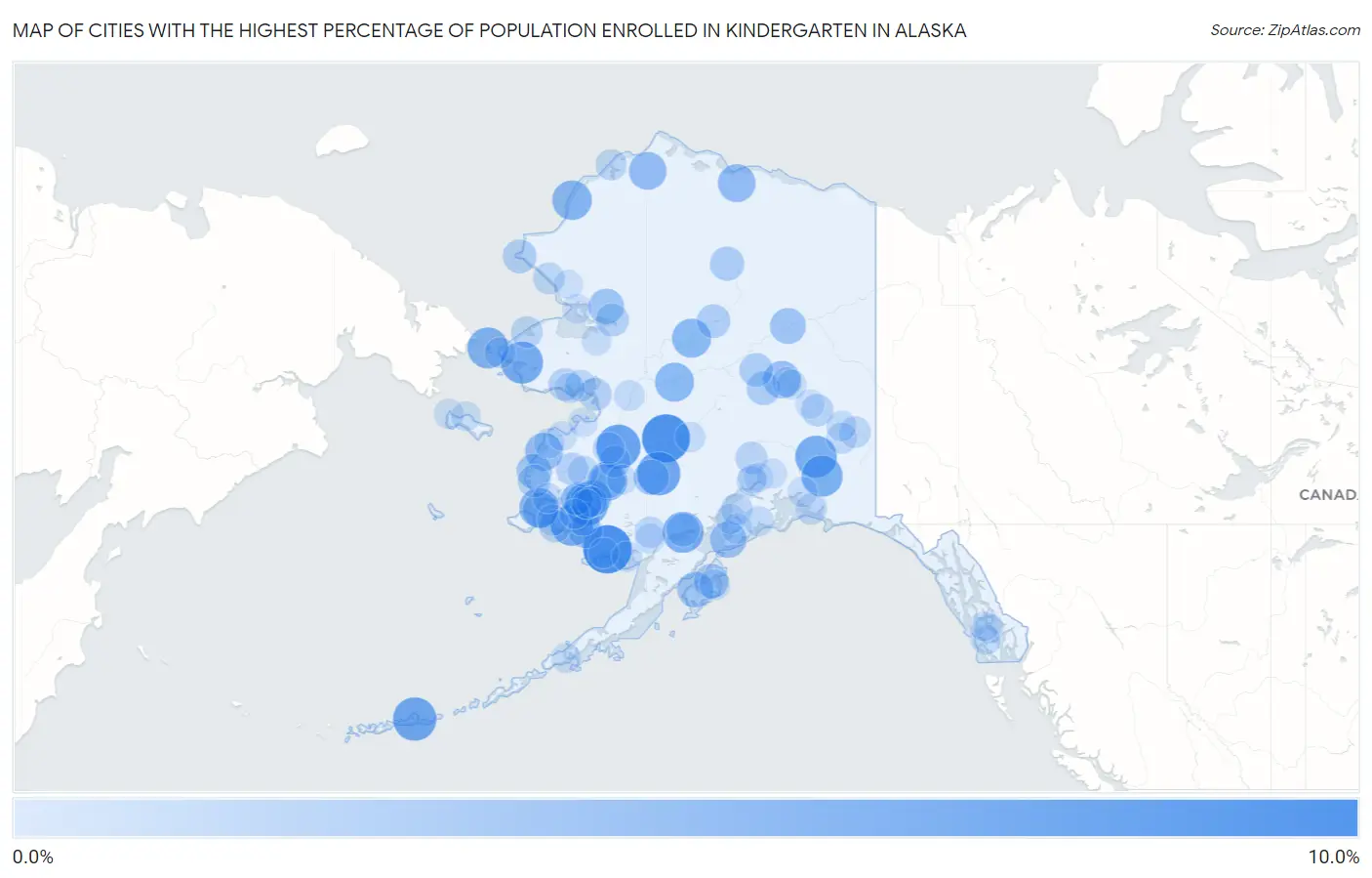 Cities with the Highest Percentage of Population Enrolled in Kindergarten in Alaska Map