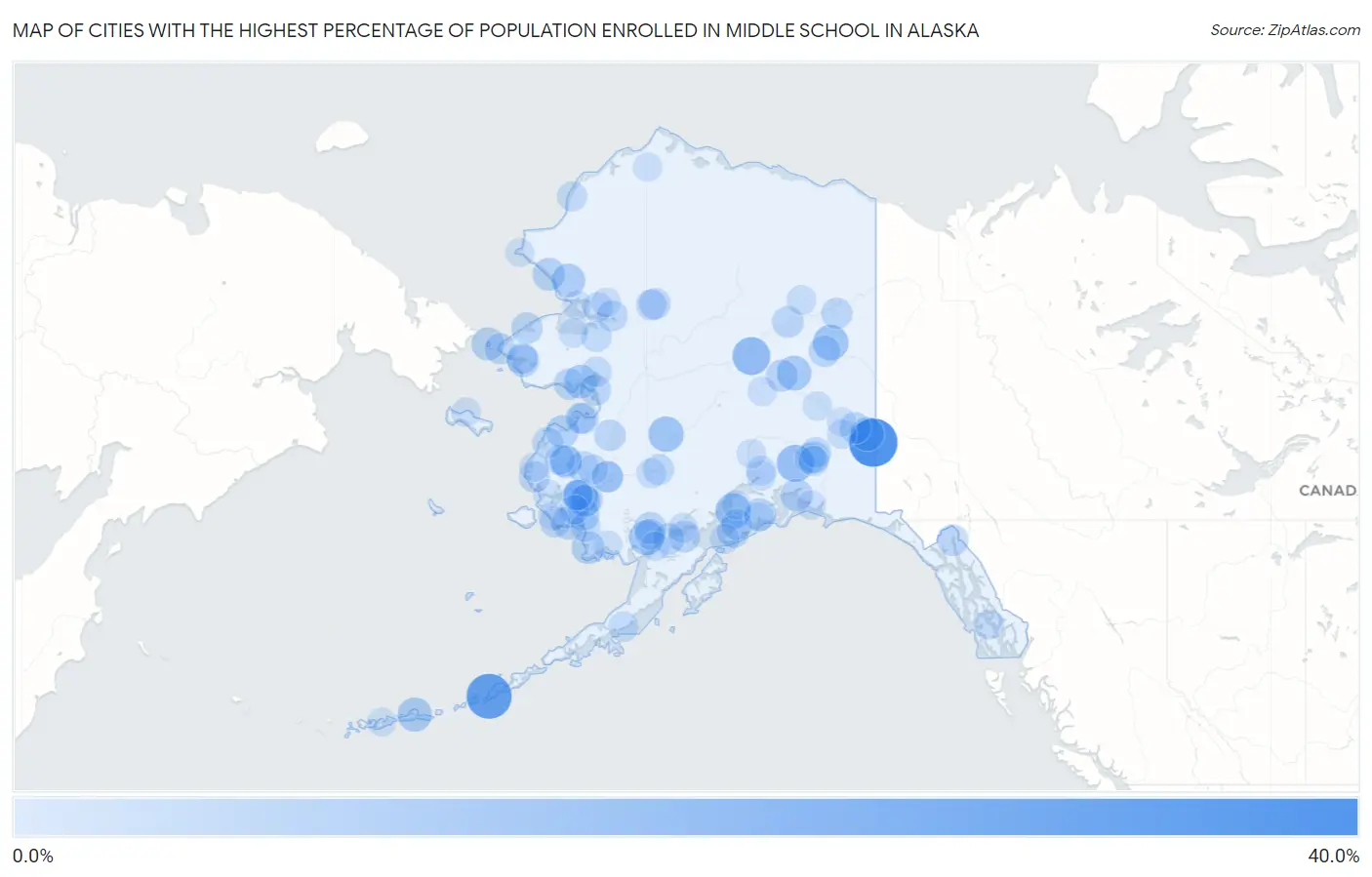 Cities with the Highest Percentage of Population Enrolled in Middle School in Alaska Map
