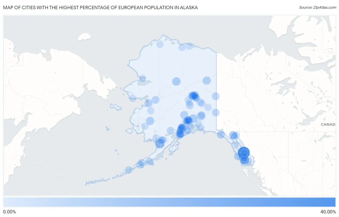 Cities with the Highest Percentage of European Population in Alaska Map