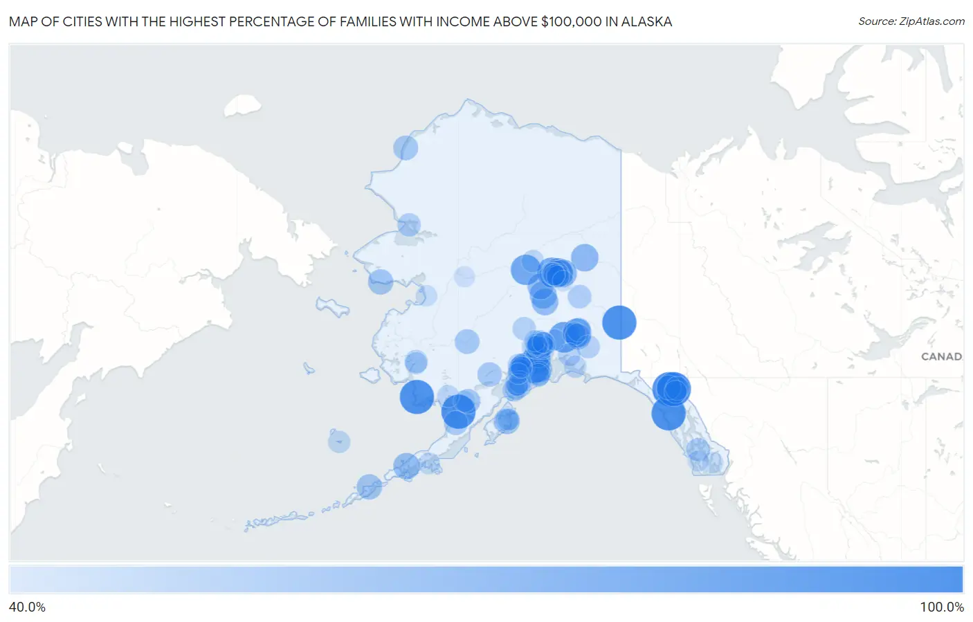 Cities with the Highest Percentage of Families with Income Above $100,000 in Alaska Map