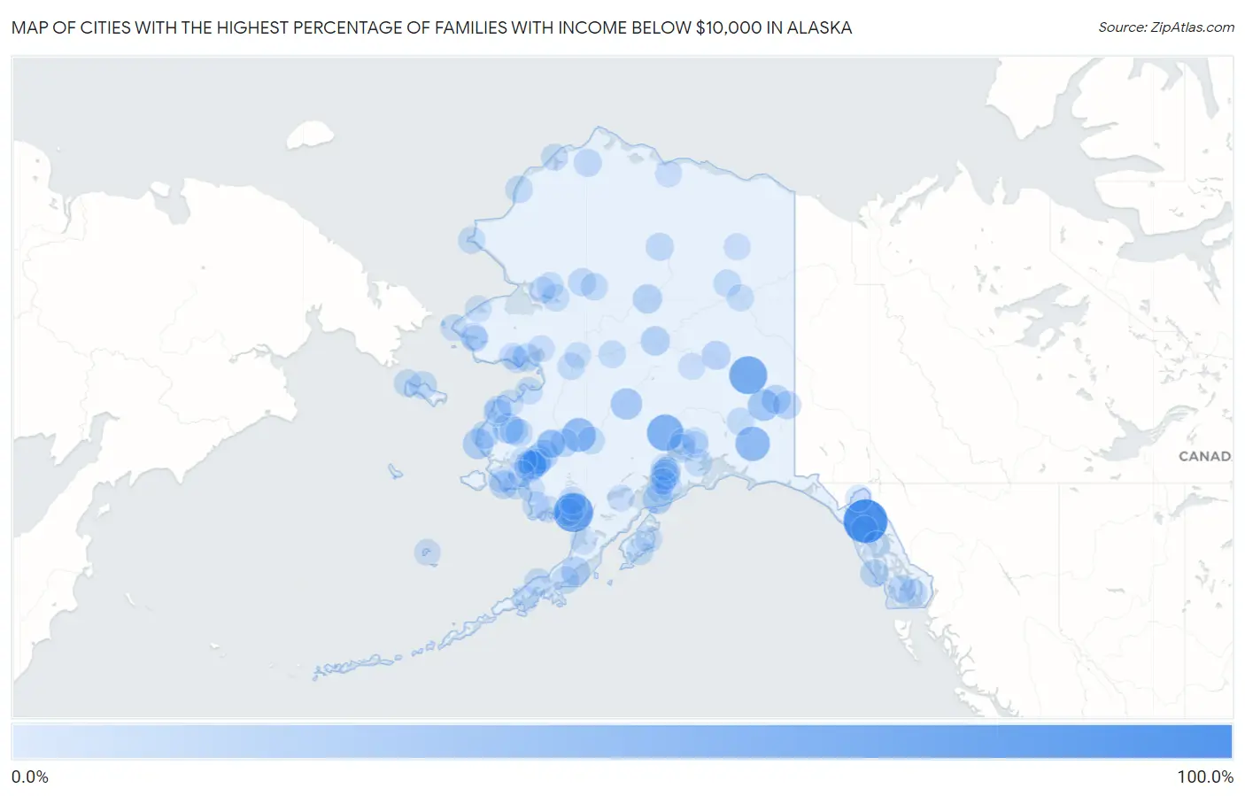 Cities with the Highest Percentage of Families with Income Below $10,000 in Alaska Map