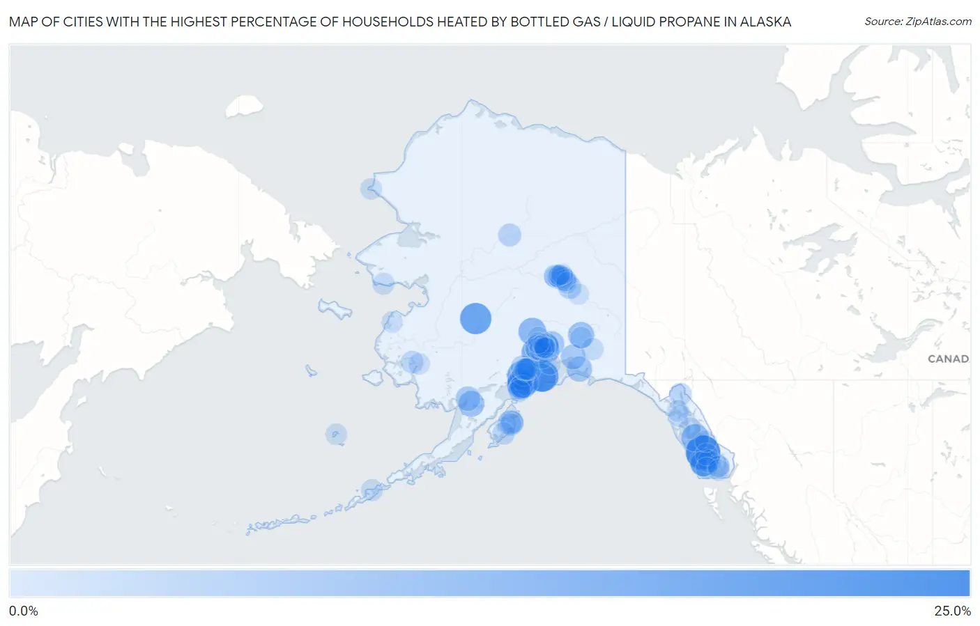 Cities with the Highest Percentage of Households Heated by Bottled Gas / Liquid Propane in Alaska Map