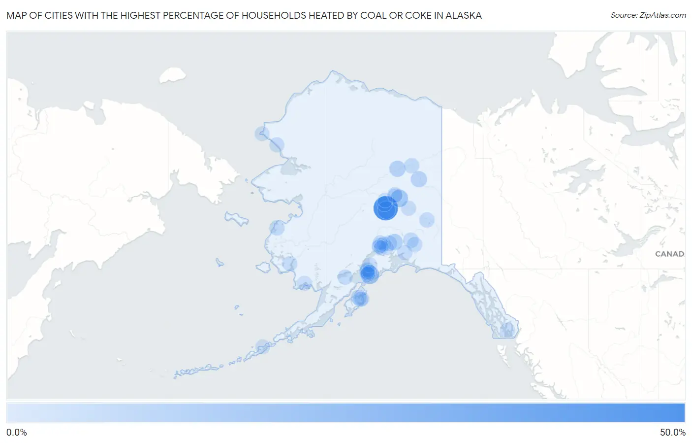 Cities with the Highest Percentage of Households Heated by Coal or Coke in Alaska Map