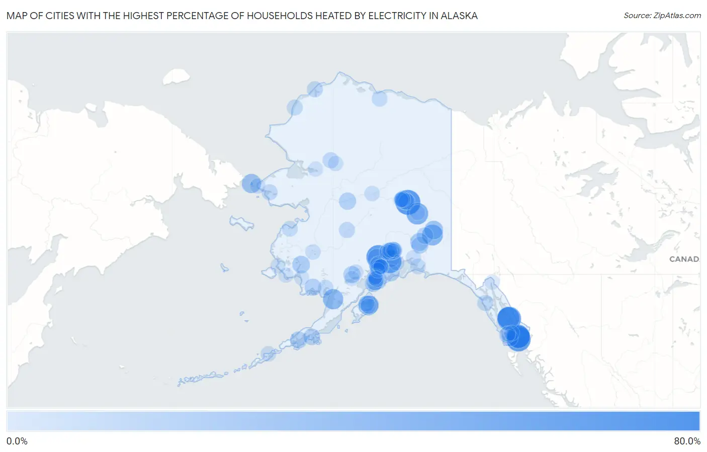 Cities with the Highest Percentage of Households Heated by Electricity in Alaska Map