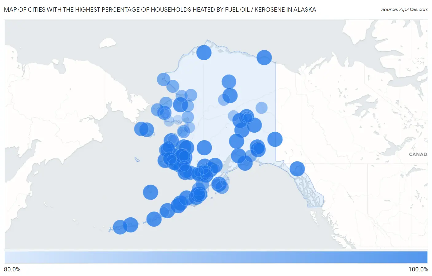 Cities with the Highest Percentage of Households Heated by Fuel Oil / Kerosene in Alaska Map