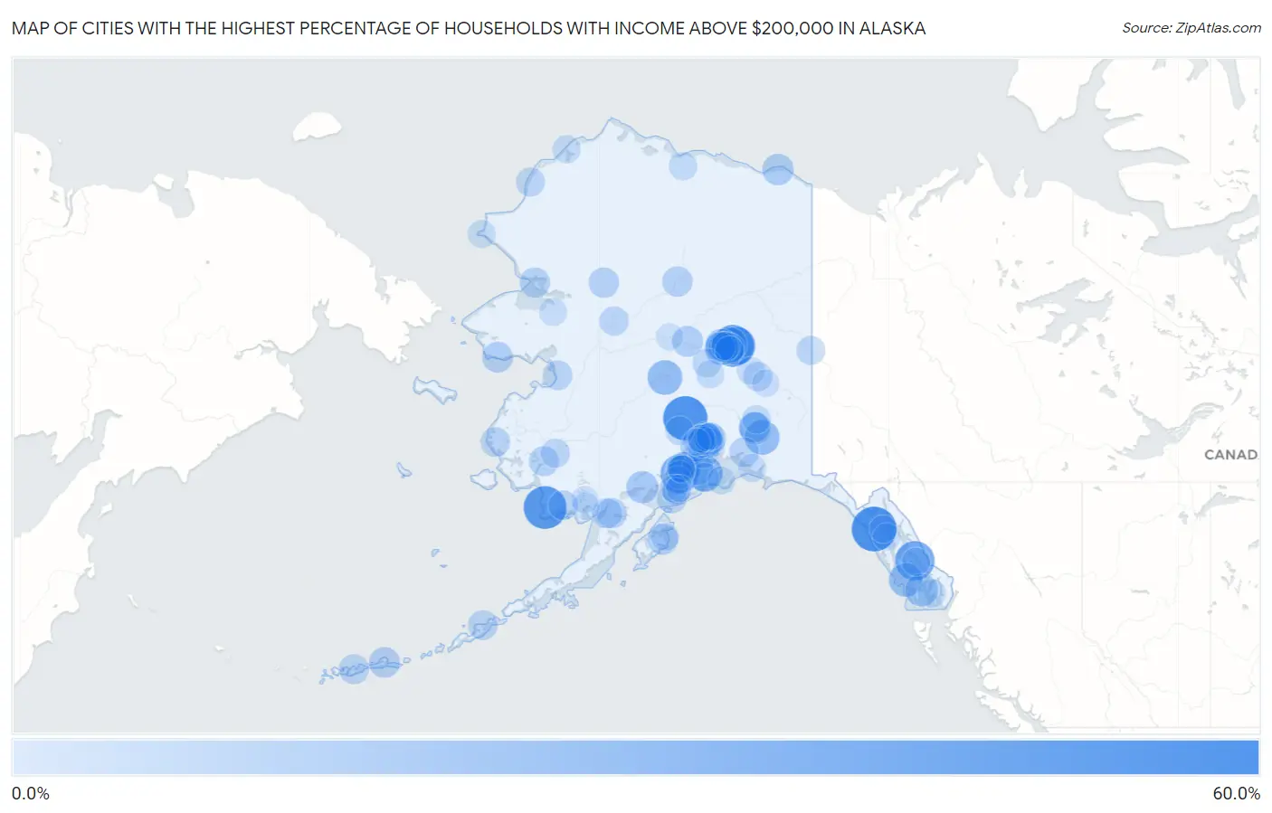 Cities with the Highest Percentage of Households with Income Above $200,000 in Alaska Map