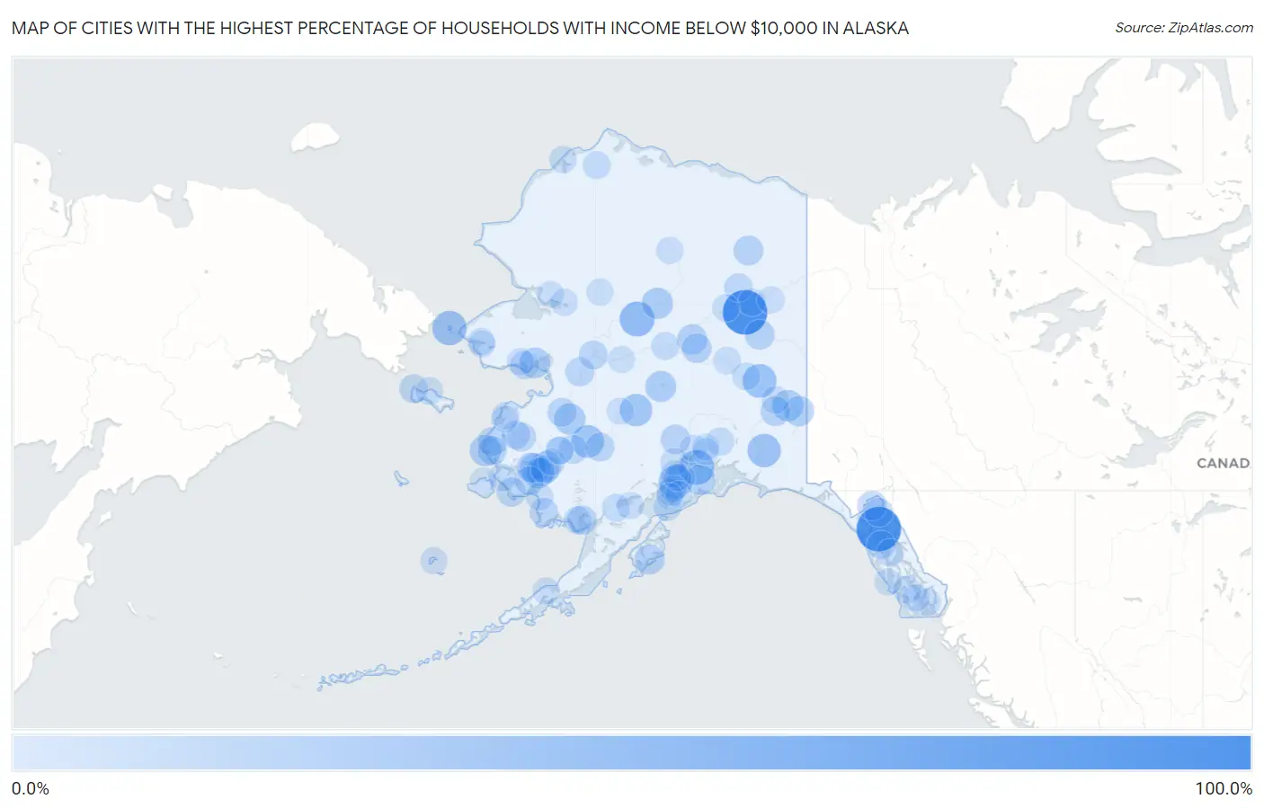 Cities with the Highest Percentage of Households with Income Below $10,000 in Alaska Map