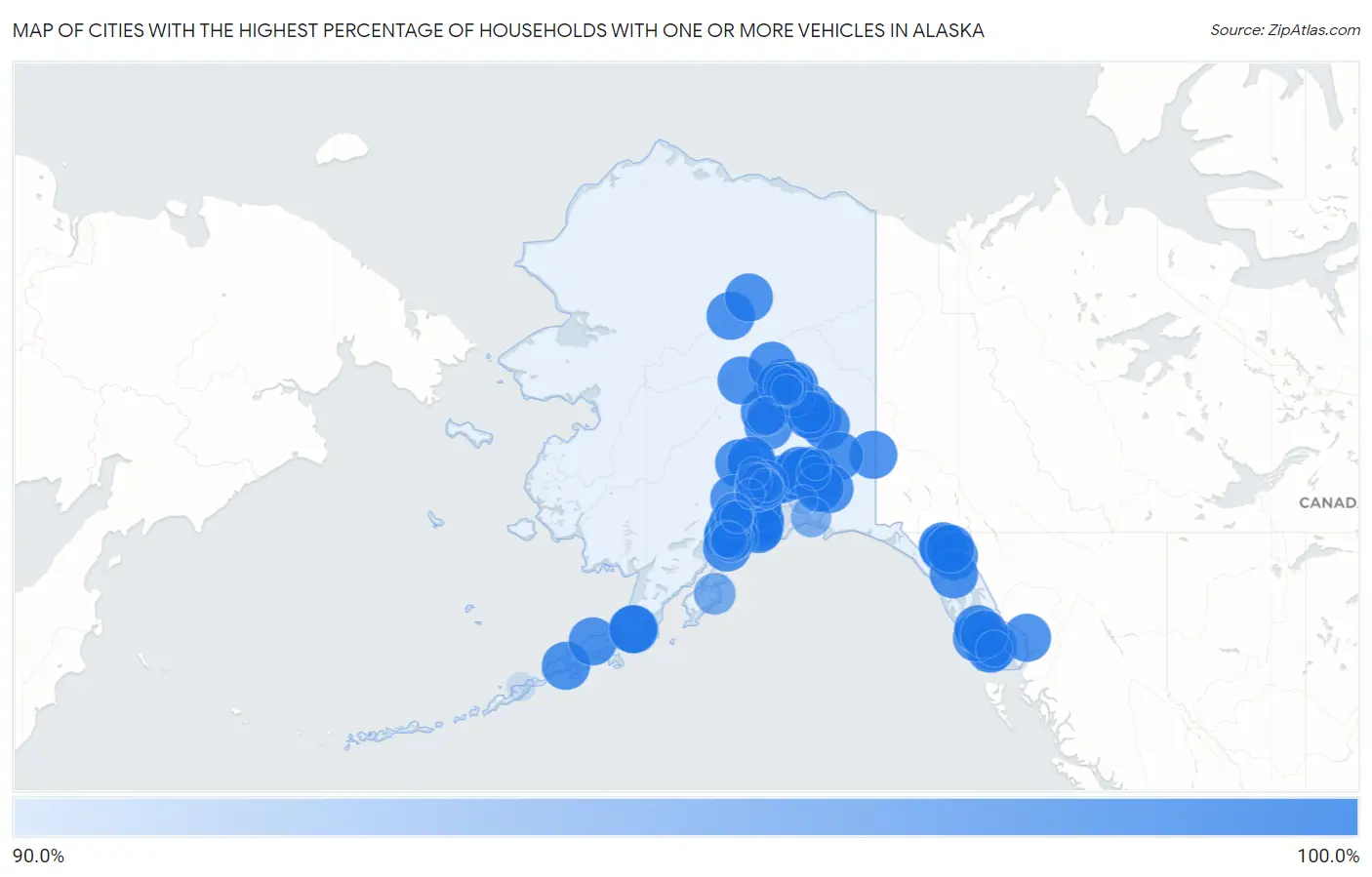 Cities with the Highest Percentage of Households With One or more Vehicles in Alaska Map
