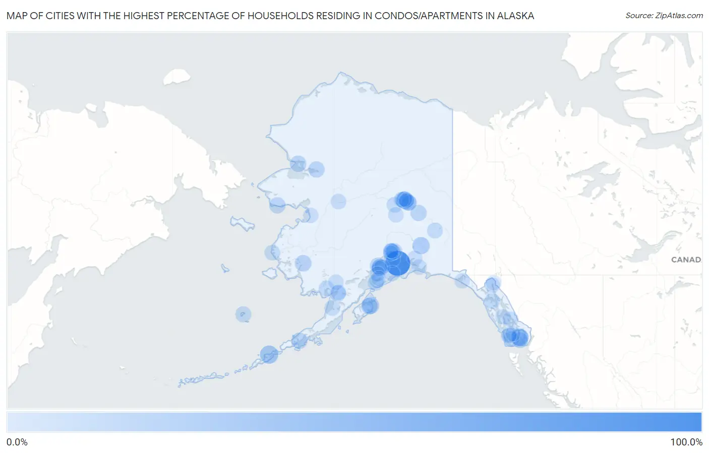 Cities with the Highest Percentage of Households Residing in Condos/Apartments in Alaska Map