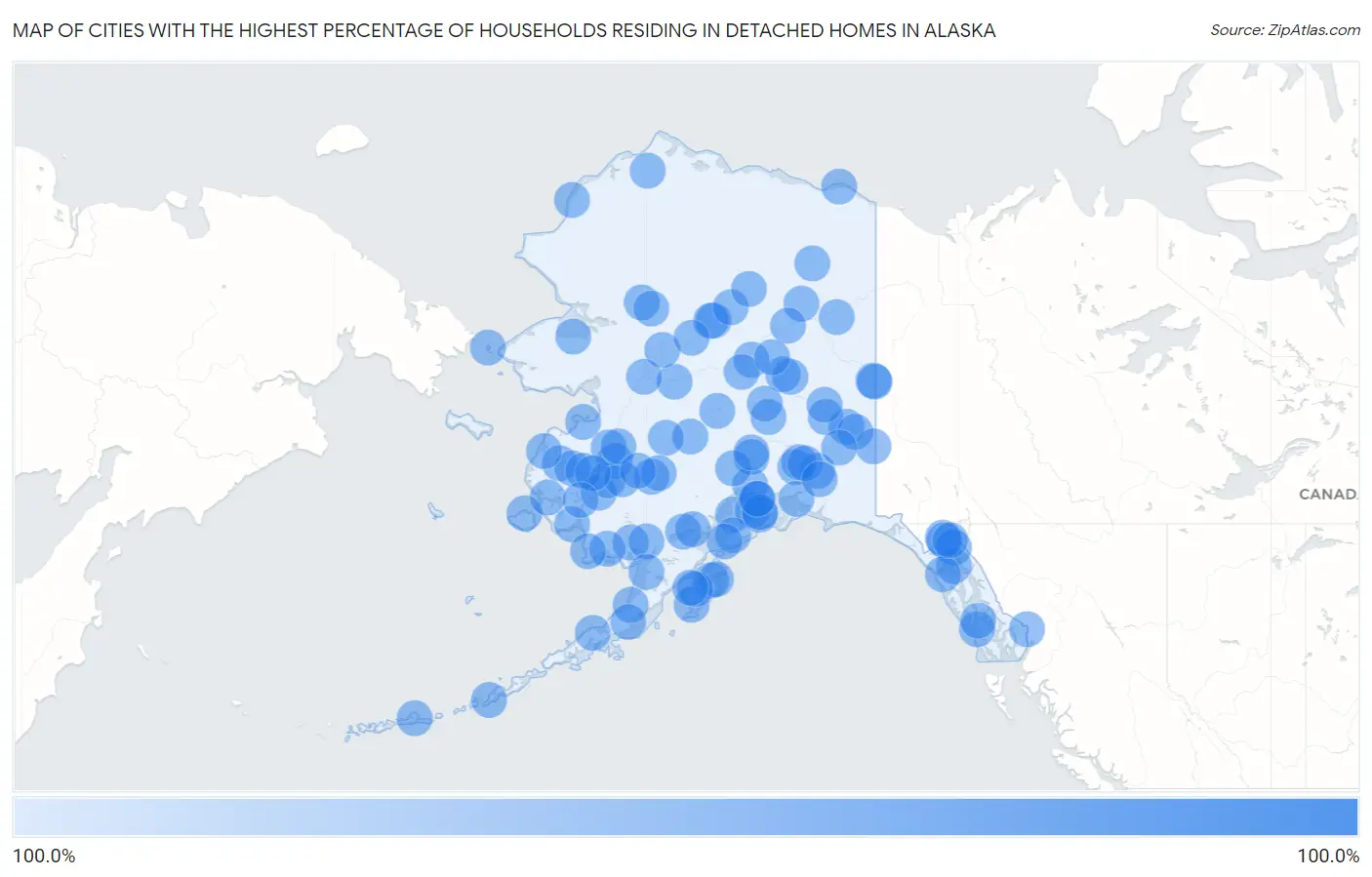 Cities with the Highest Percentage of Households Residing in Detached Homes in Alaska Map
