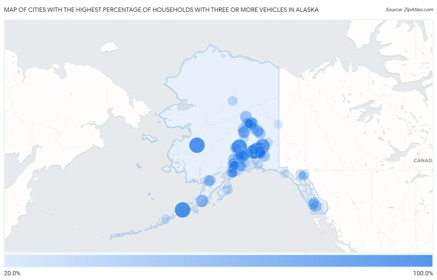 Cities with the Highest Percentage of Households With Three or more Vehicles in Alaska Map