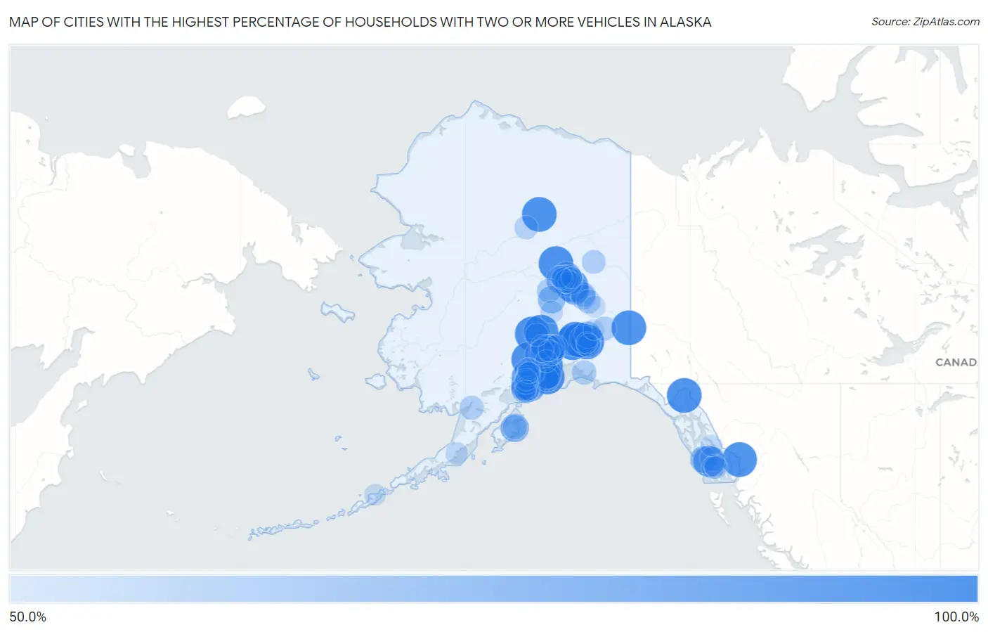 Cities with the Highest Percentage of Households With Two or more Vehicles in Alaska Map