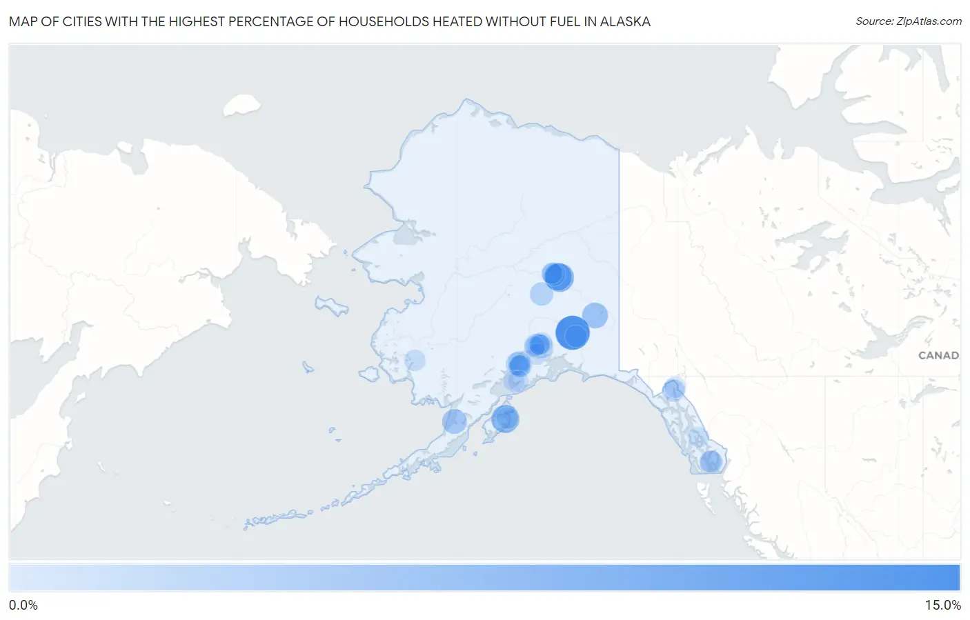 Cities with the Highest Percentage of Households Heated without Fuel in Alaska Map