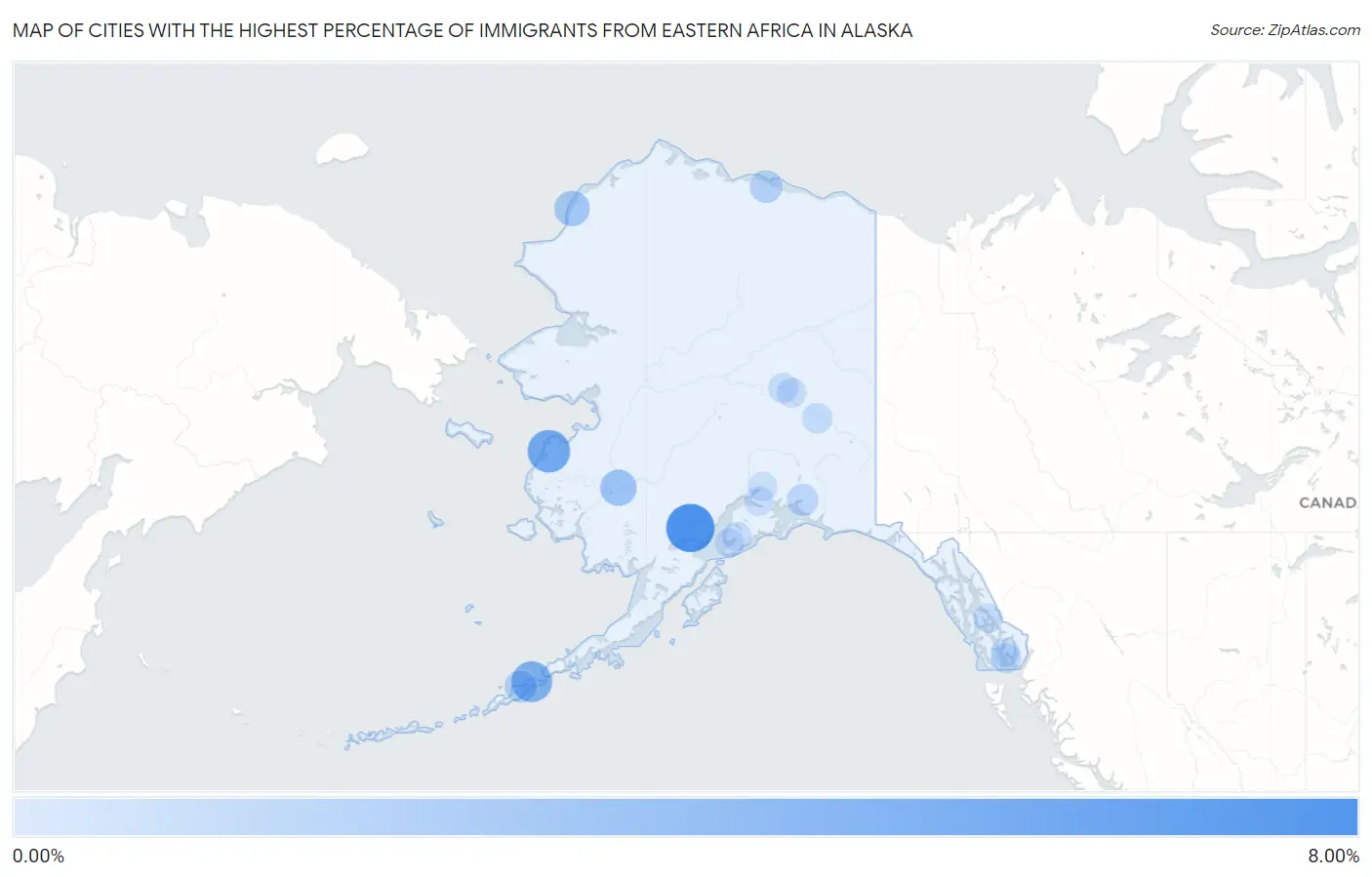 Cities with the Highest Percentage of Immigrants from Eastern Africa in Alaska Map