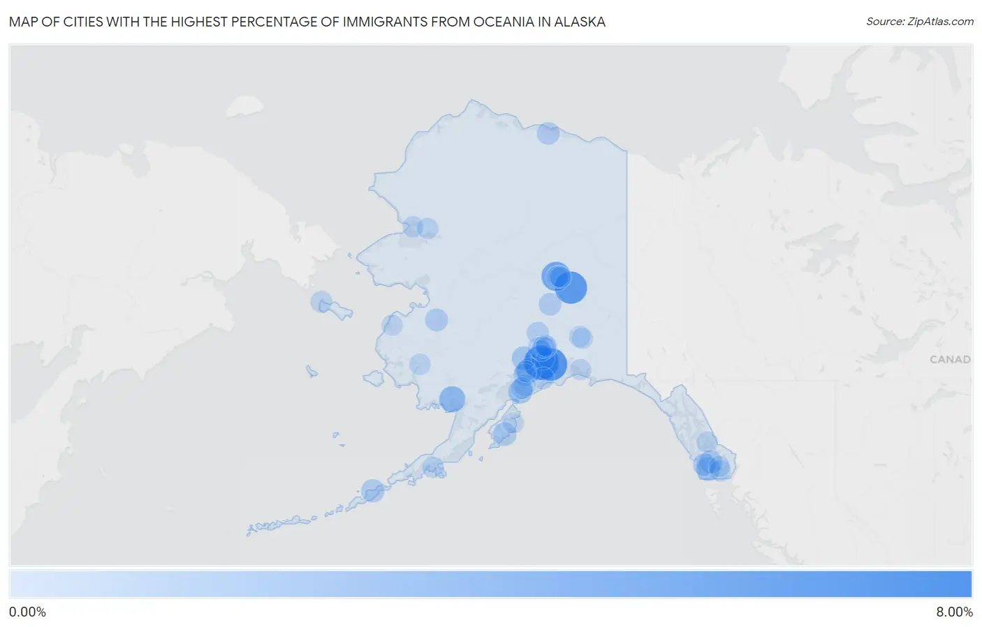 Cities with the Highest Percentage of Immigrants from Oceania in Alaska Map