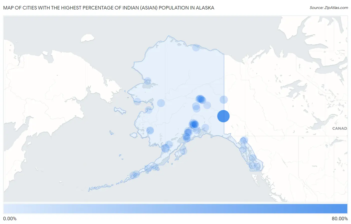 Cities with the Highest Percentage of Indian (Asian) Population in Alaska Map
