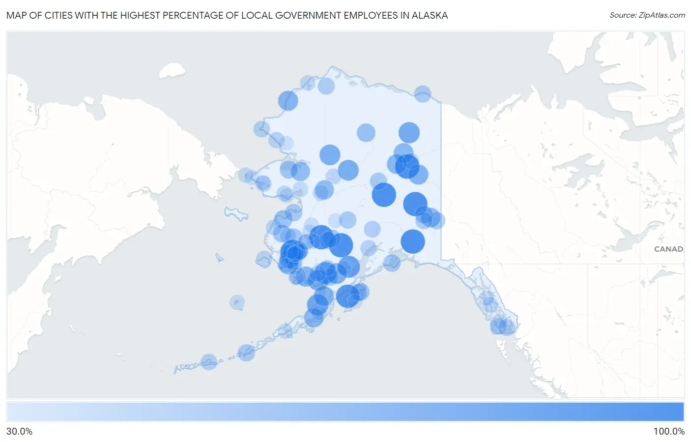 Cities with the Highest Percentage of Local Government Employees in Alaska Map