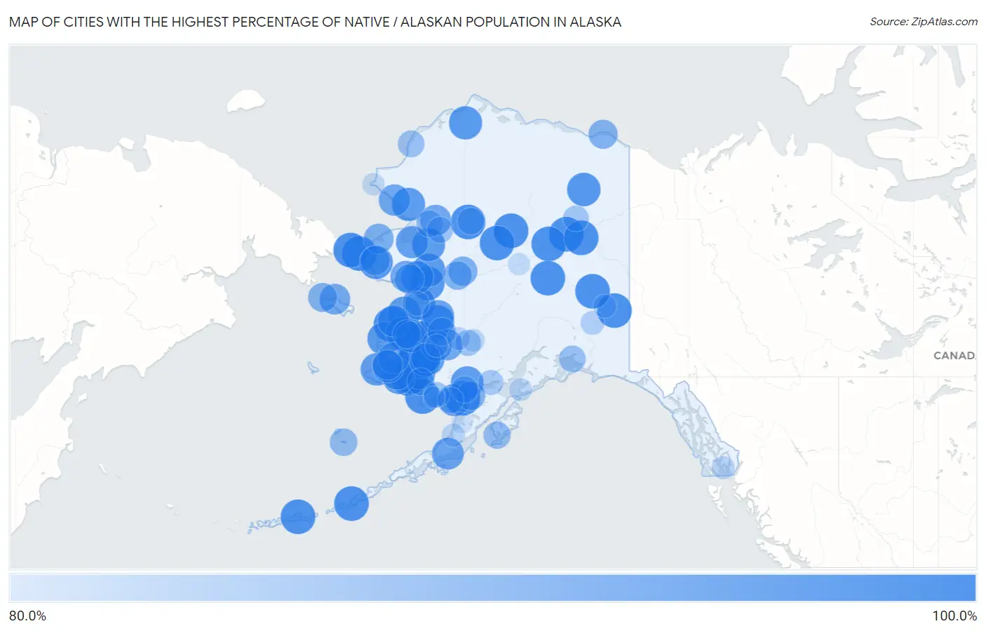 Cities with the Highest Percentage of Native / Alaskan Population in Alaska Map