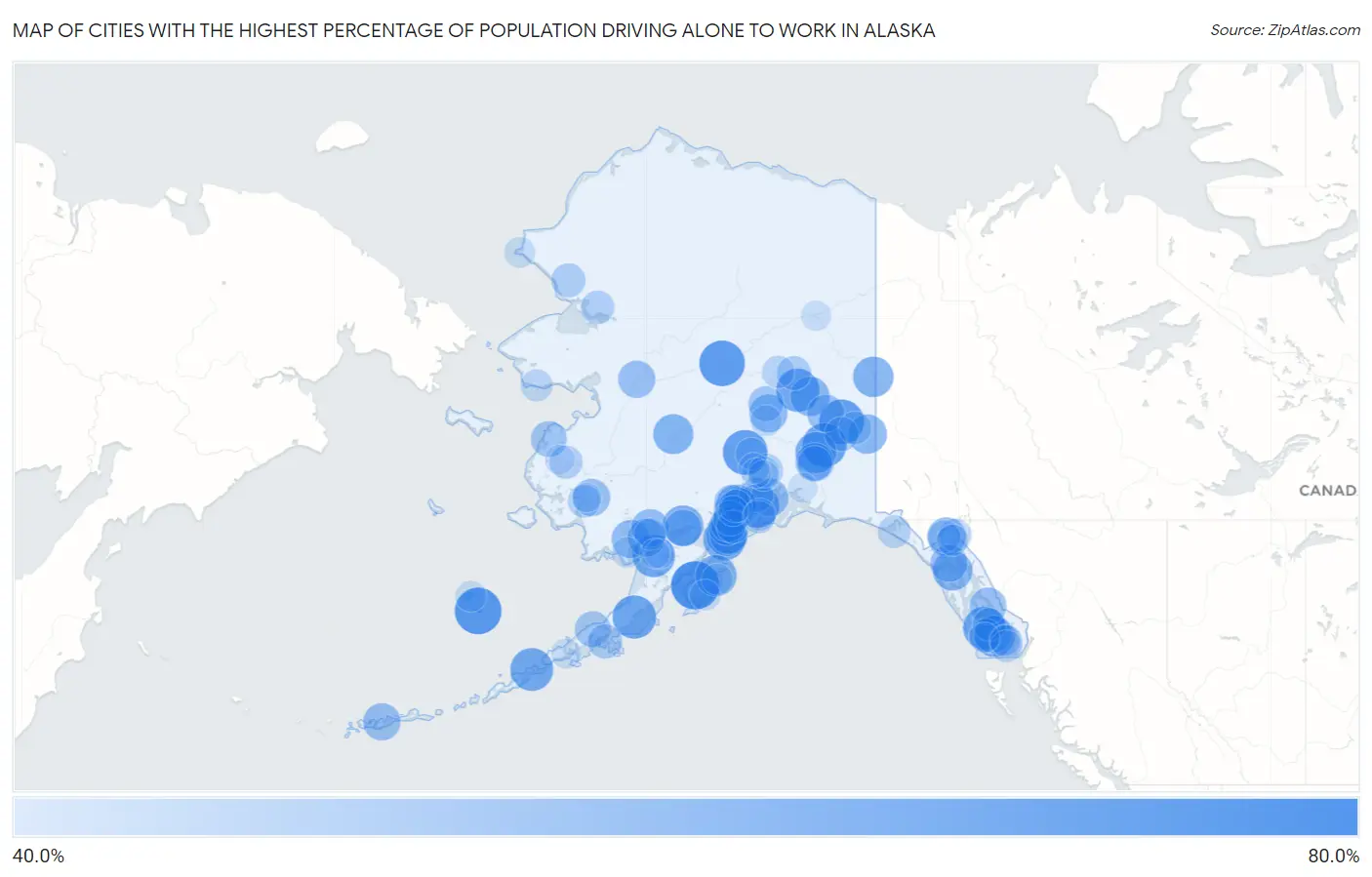 Cities with the Highest Percentage of Population Driving Alone to Work in Alaska Map