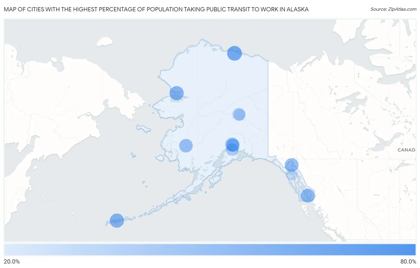 Cities with the Highest Percentage of Population Taking Public Transit to Work in Alaska Map