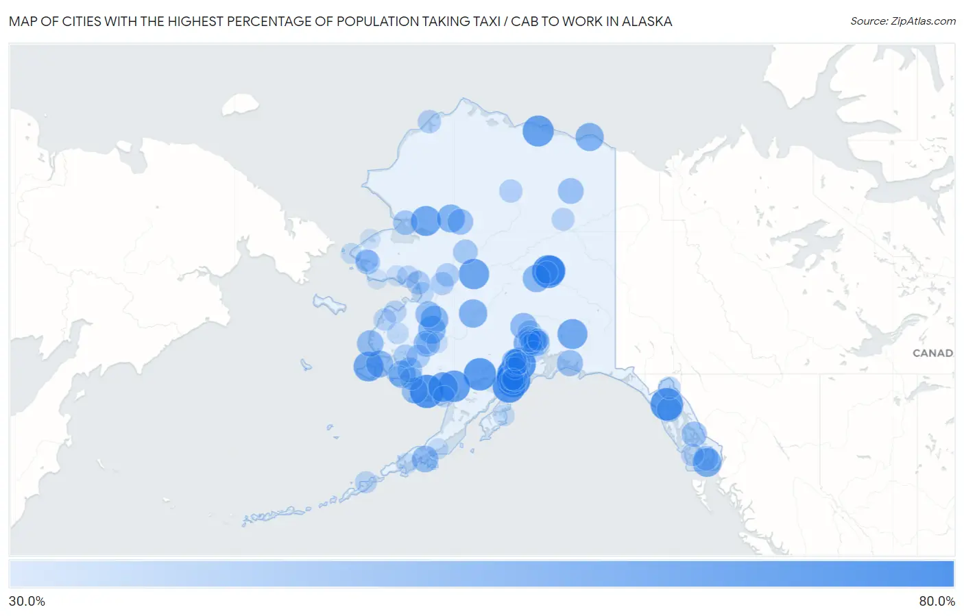 Cities with the Highest Percentage of Population Taking Taxi / Cab to Work in Alaska Map