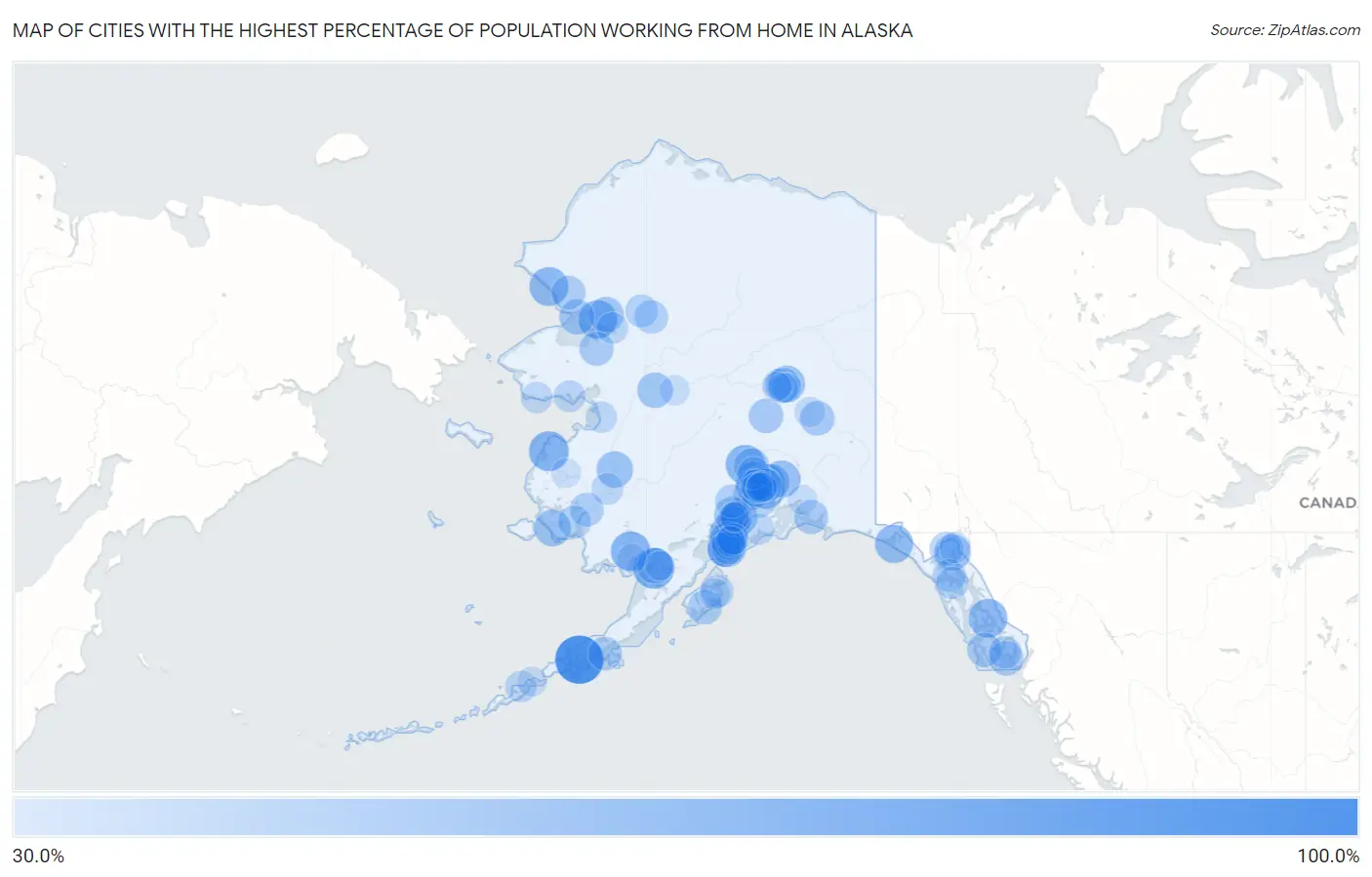 Cities with the Highest Percentage of Population Working from Home in Alaska Map