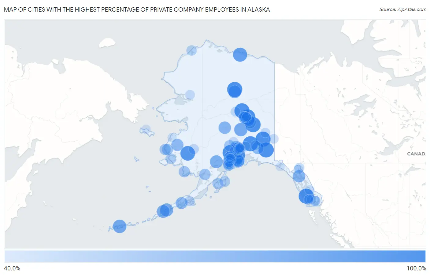 Cities with the Highest Percentage of Private Company Employees in Alaska Map
