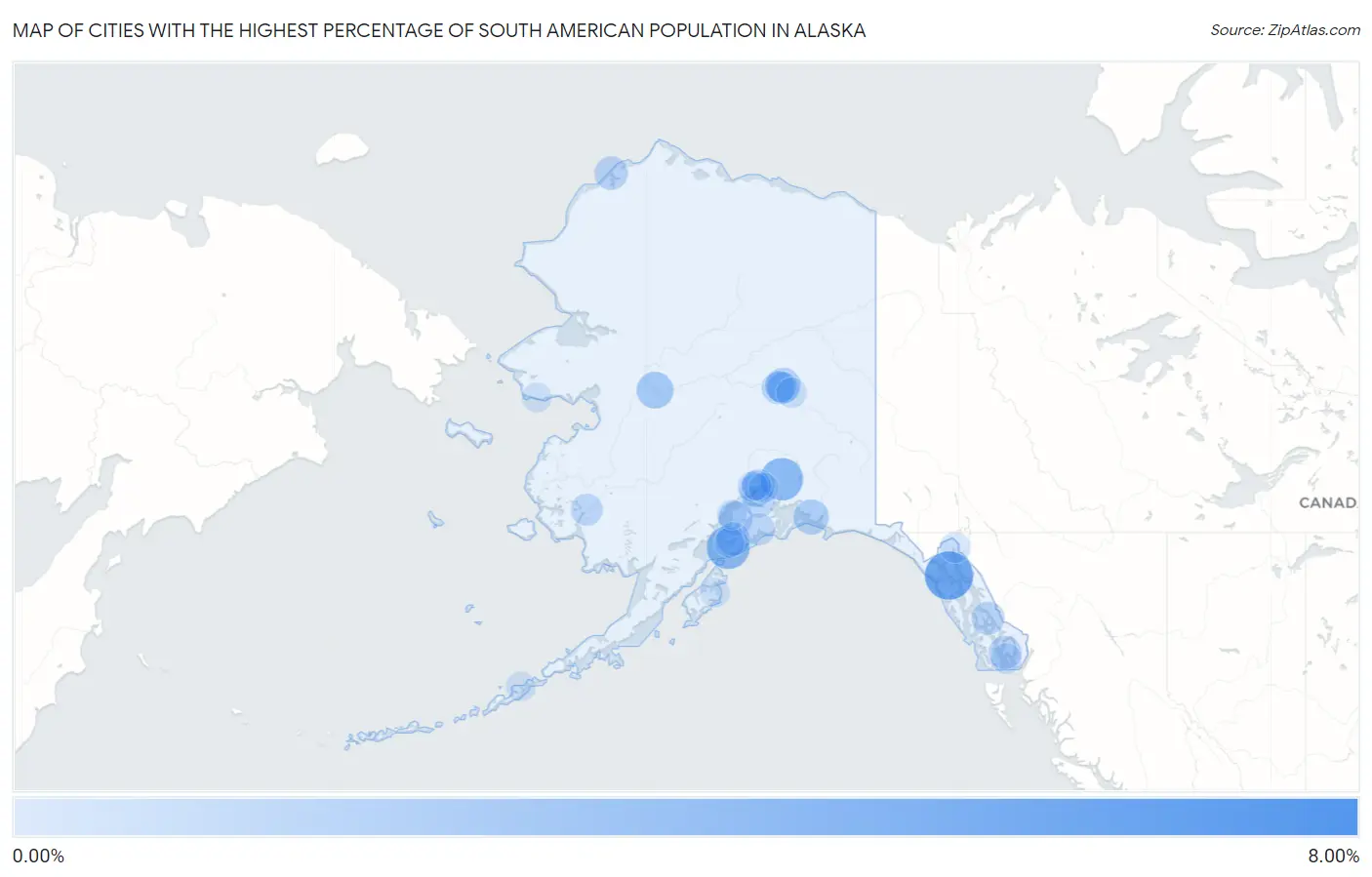 Cities with the Highest Percentage of South American Population in Alaska Map