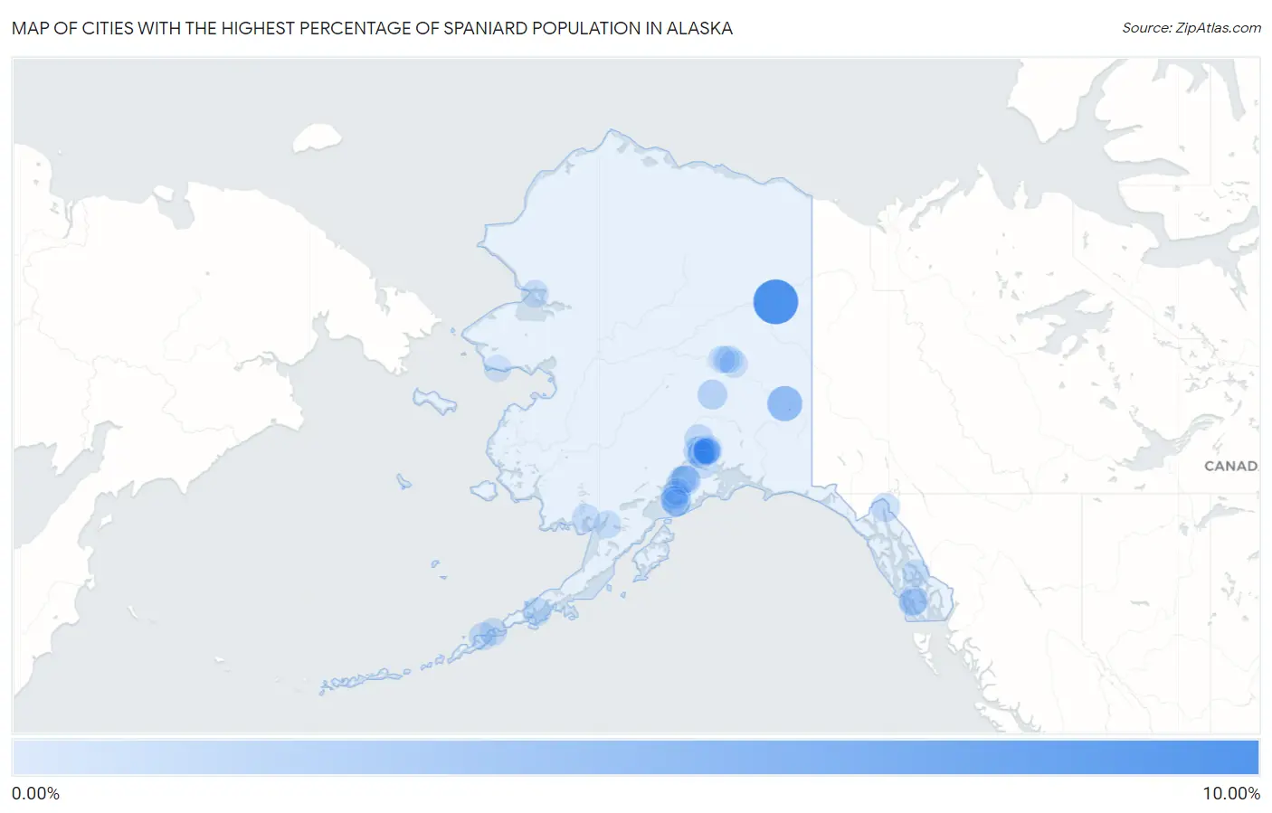Cities with the Highest Percentage of Spaniard Population in Alaska Map