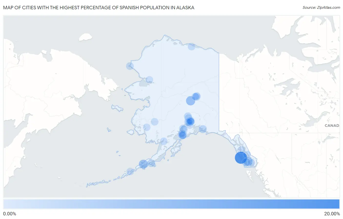 Cities with the Highest Percentage of Spanish Population in Alaska Map
