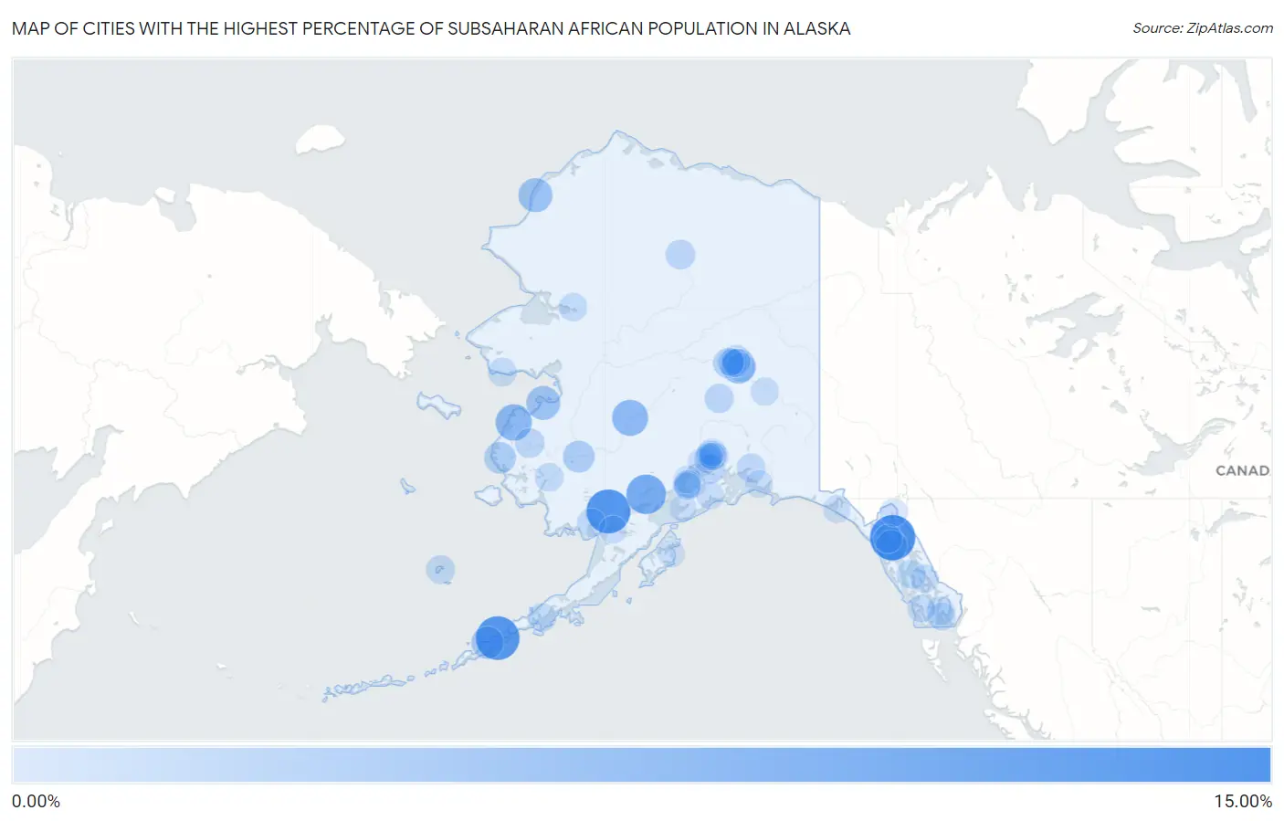 Cities with the Highest Percentage of Subsaharan African Population in Alaska Map