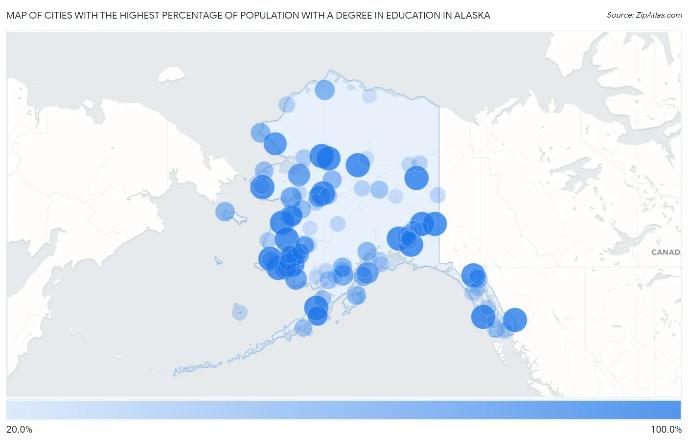 Cities with the Highest Percentage of Population with a Degree in Education in Alaska Map
