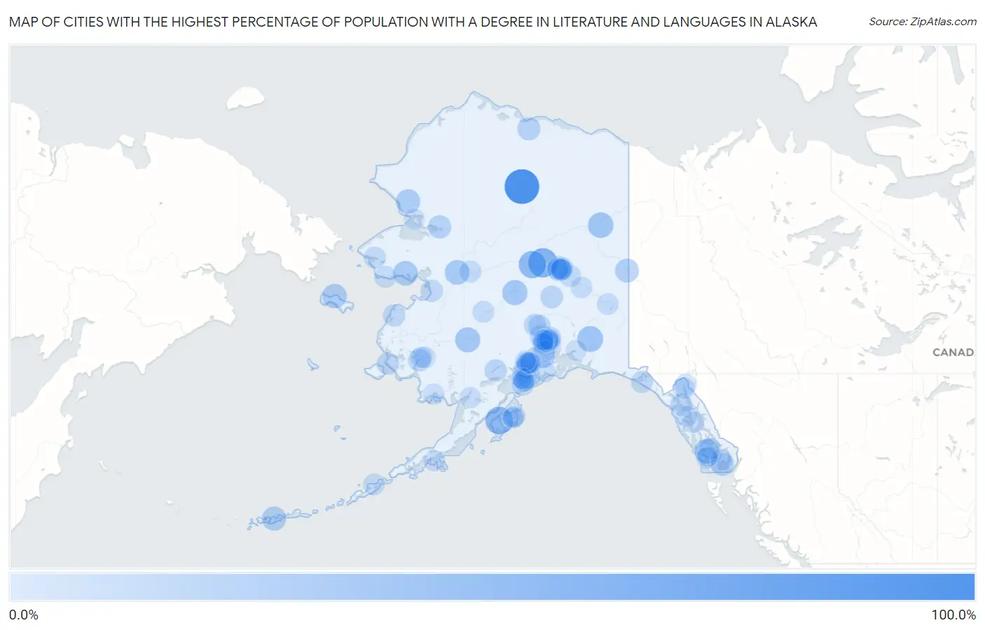 Cities with the Highest Percentage of Population with a Degree in Literature and Languages in Alaska Map