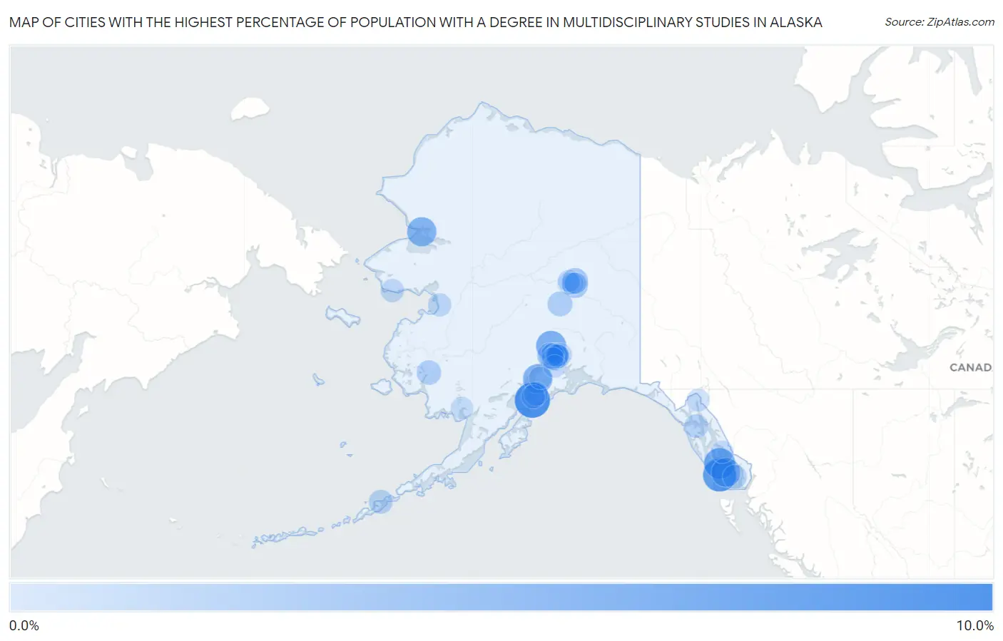 Cities with the Highest Percentage of Population with a Degree in Multidisciplinary Studies in Alaska Map