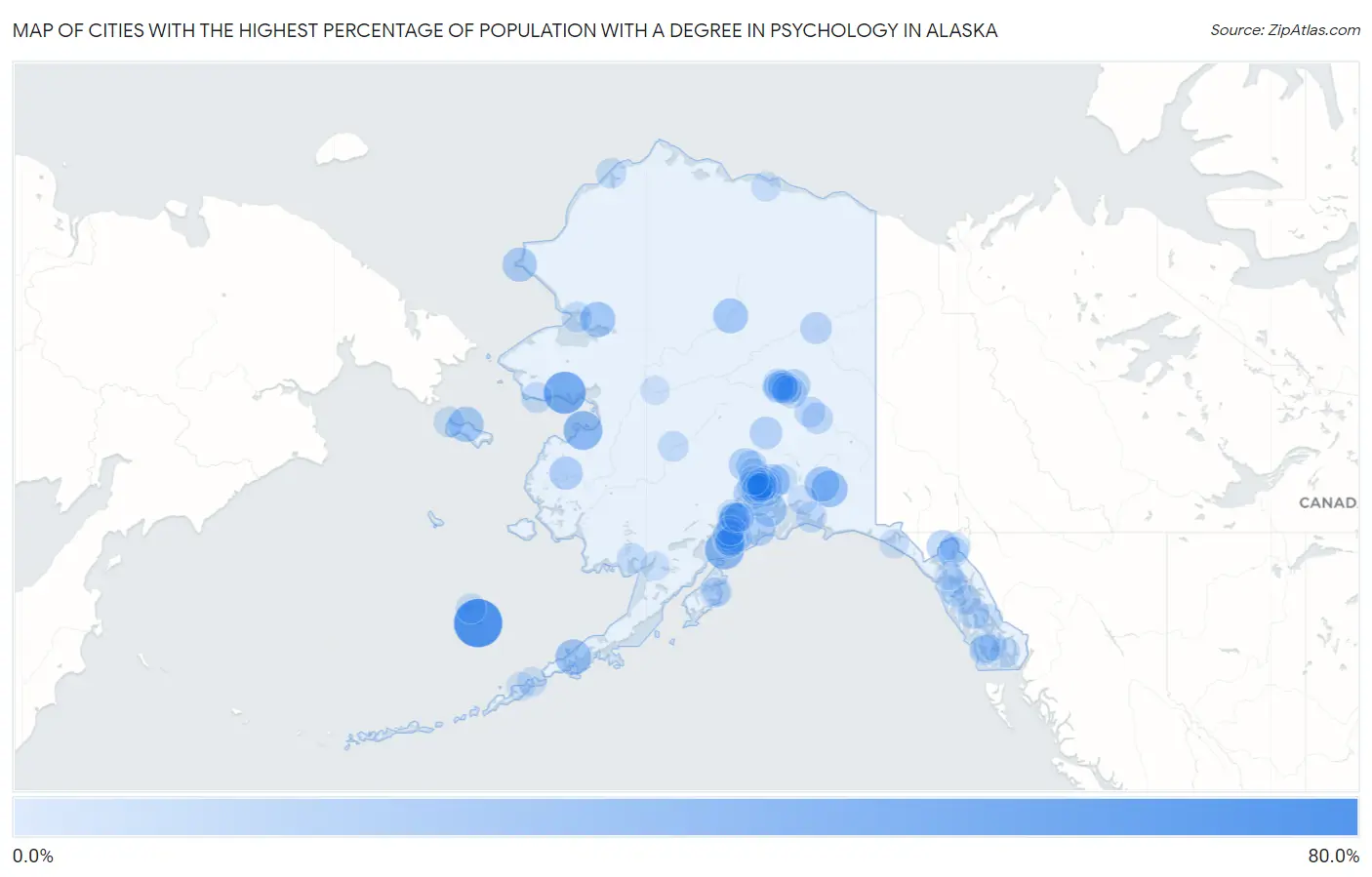 Cities with the Highest Percentage of Population with a Degree in Psychology in Alaska Map