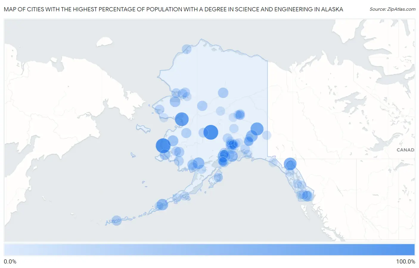 Cities with the Highest Percentage of Population with a Degree in Science and Engineering in Alaska Map